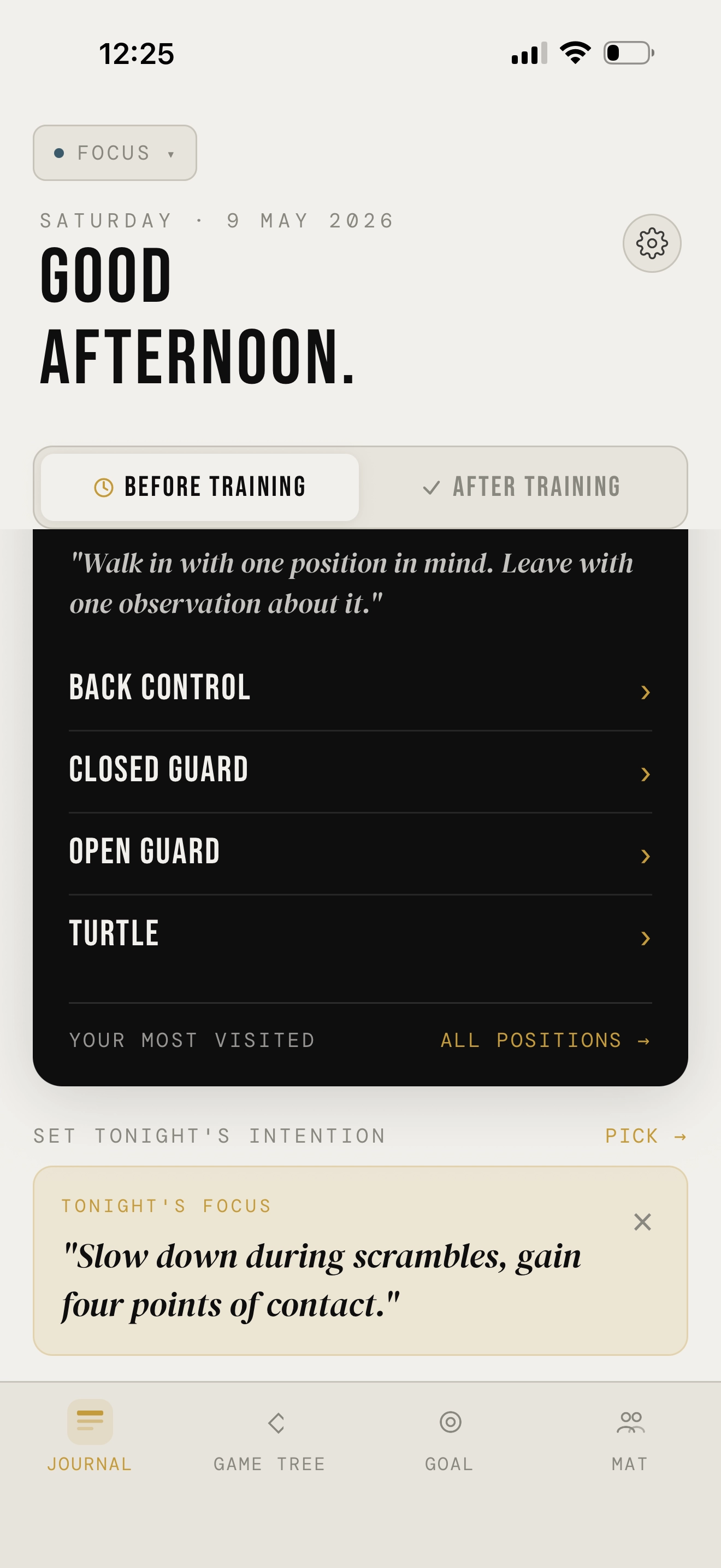 Groundwork — Journal home screen showing Quick Access positions and Set Tonight's Intention